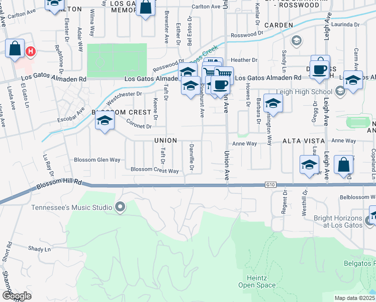 map of restaurants, bars, coffee shops, grocery stores, and more near 5454 Blossom Dale Drive in San Jose