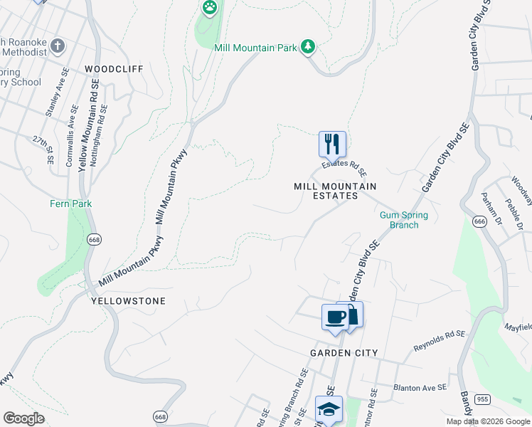 map of restaurants, bars, coffee shops, grocery stores, and more near 714 Estates Road Southeast in Roanoke