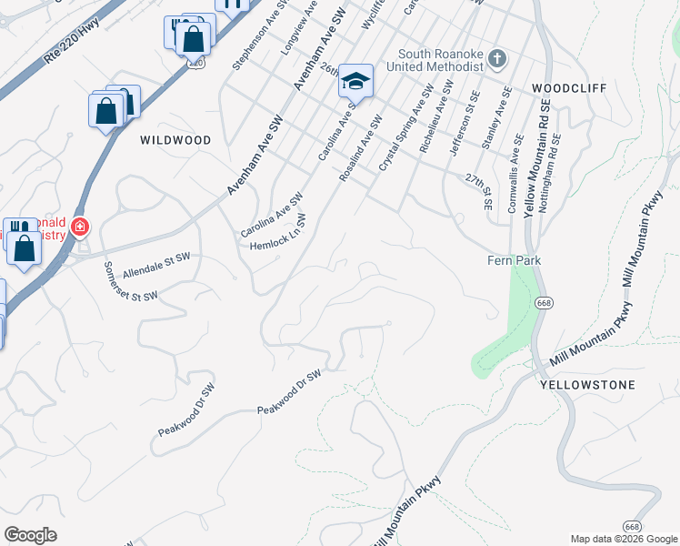 map of restaurants, bars, coffee shops, grocery stores, and more near 3036 Bancroft Drive Southwest in Roanoke
