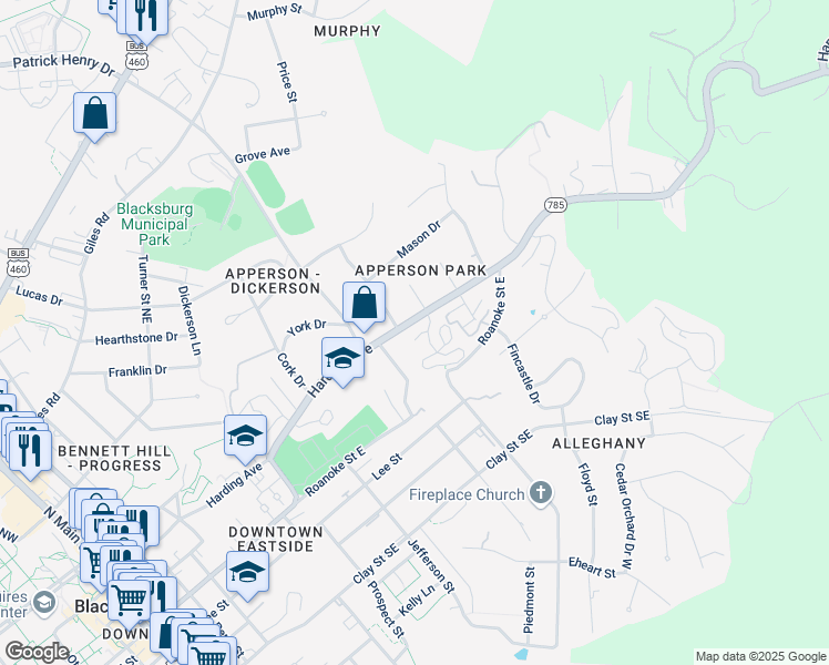 map of restaurants, bars, coffee shops, grocery stores, and more near 904 Vista Terrace in Blacksburg