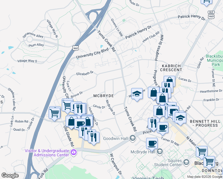map of restaurants, bars, coffee shops, grocery stores, and more near 911 Buchanan Drive in Blacksburg