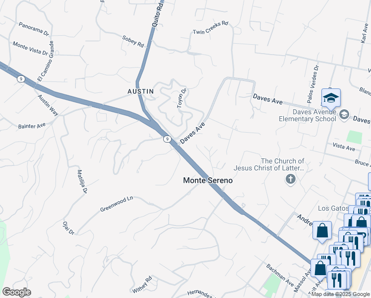 map of restaurants, bars, coffee shops, grocery stores, and more near 18450 Daves Avenue in Monte Sereno