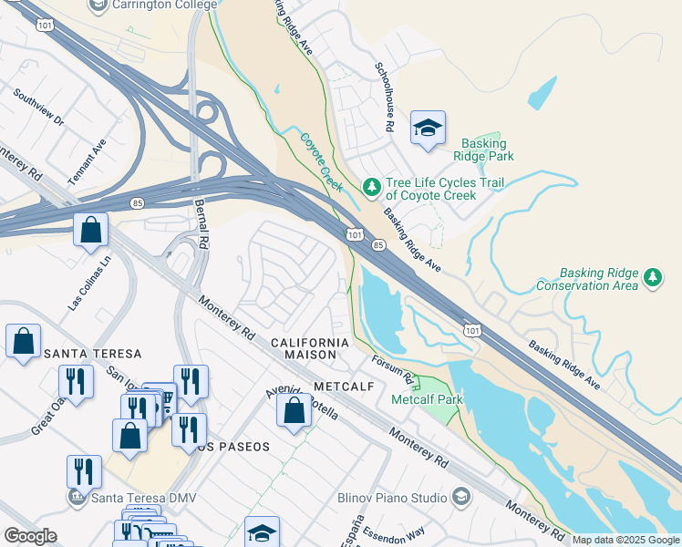 map of restaurants, bars, coffee shops, grocery stores, and more near 6901 Rodling Drive in San Jose