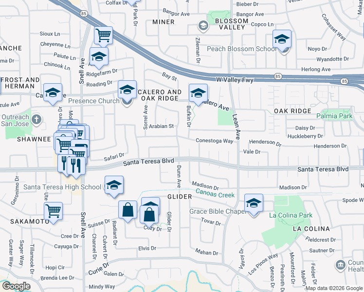 map of restaurants, bars, coffee shops, grocery stores, and more near 402 Conestoga Way in San Jose