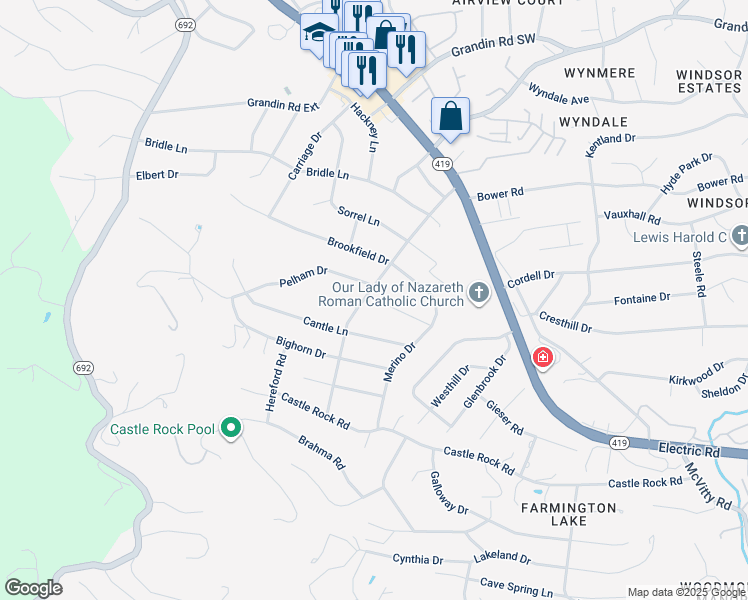 map of restaurants, bars, coffee shops, grocery stores, and more near 5436 Stoneybrook Drive in Cave Spring