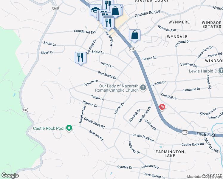map of restaurants, bars, coffee shops, grocery stores, and more near 5436 Stoneybrook Drive in Cave Spring
