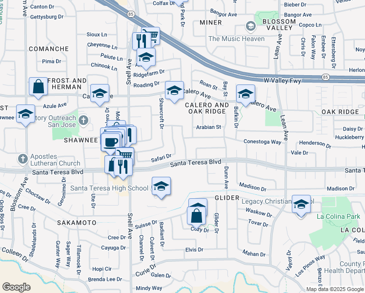 map of restaurants, bars, coffee shops, grocery stores, and more near 6063 Pineland Avenue in San Jose