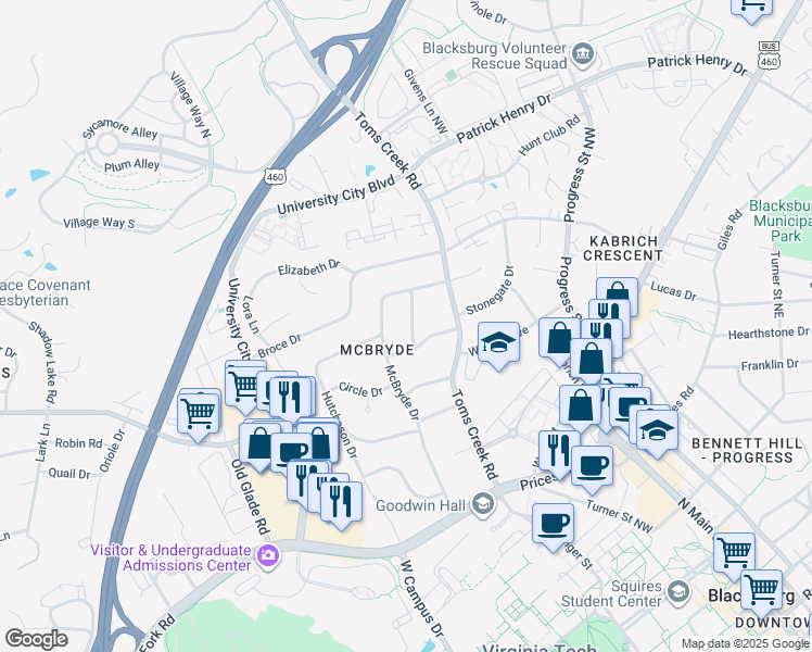 map of restaurants, bars, coffee shops, grocery stores, and more near 911 Buchanan Drive in Blacksburg