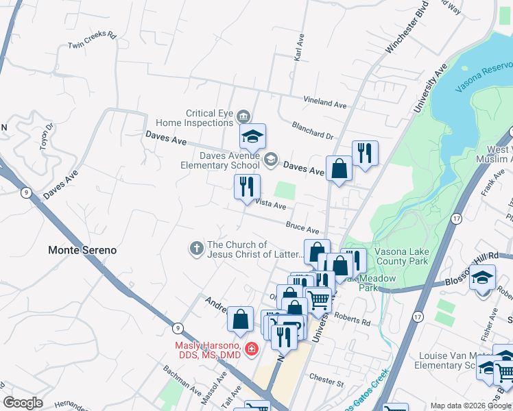 map of restaurants, bars, coffee shops, grocery stores, and more near 17765 Vista Avenue in Monte Sereno
