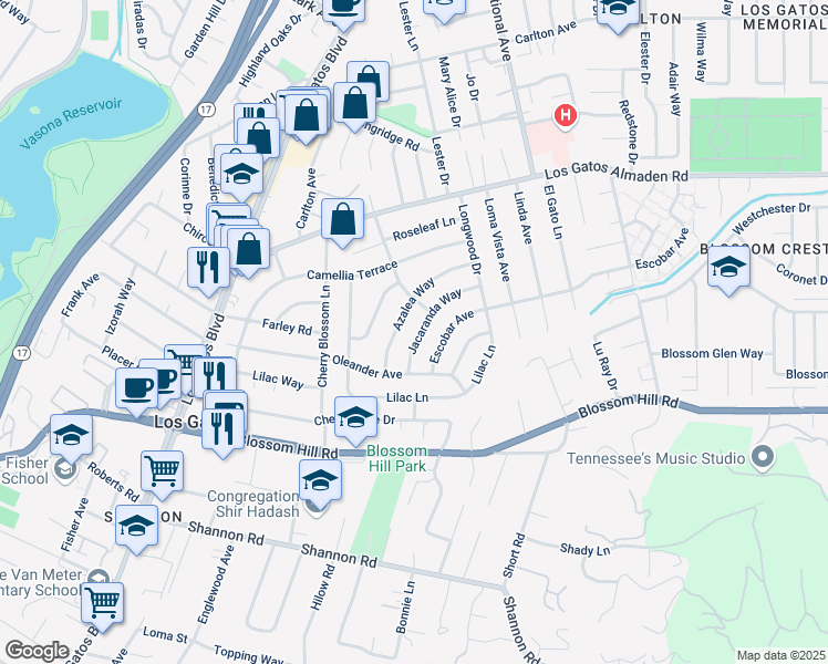 map of restaurants, bars, coffee shops, grocery stores, and more near 16261 Azalea Way in Los Gatos