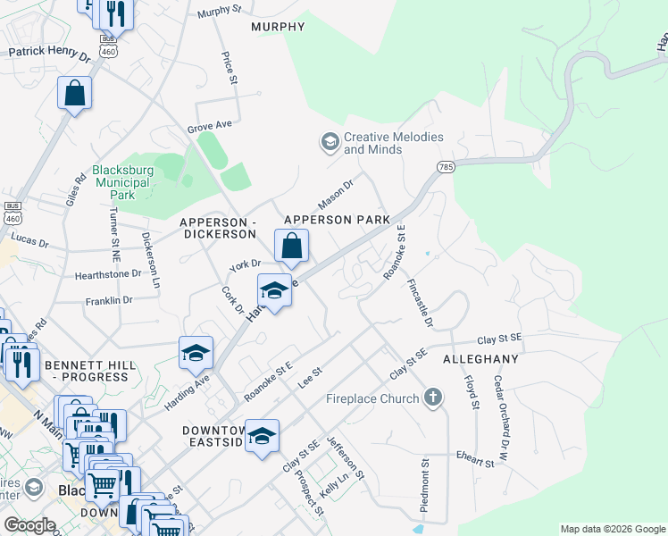 map of restaurants, bars, coffee shops, grocery stores, and more near in Blacksburg