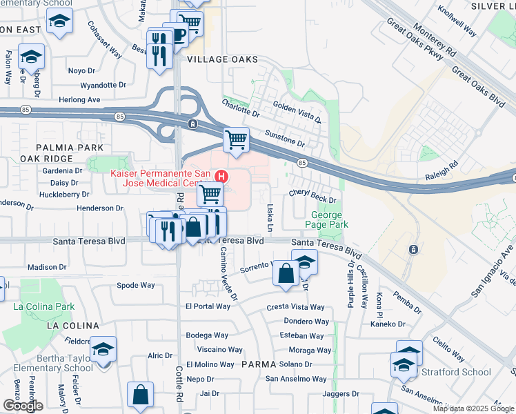 map of restaurants, bars, coffee shops, grocery stores, and more near 6254 Santa Teresa Boulevard in San Jose