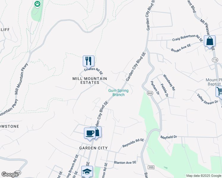 map of restaurants, bars, coffee shops, grocery stores, and more near 1201-1207 Hartsook Blvd SE in Roanoke