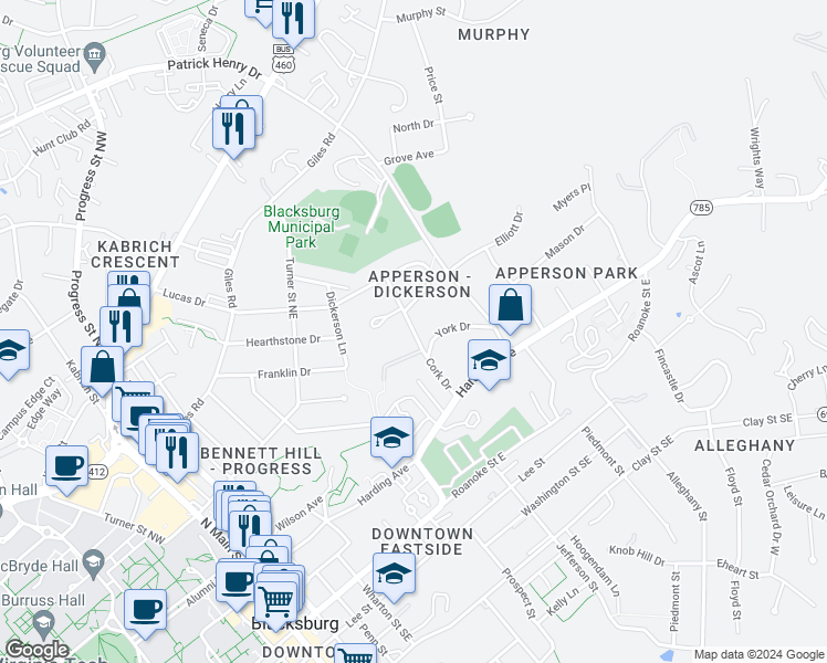 map of restaurants, bars, coffee shops, grocery stores, and more near 320 Cork Drive in Blacksburg