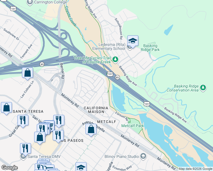 map of restaurants, bars, coffee shops, grocery stores, and more near 6901 Rodling Drive in San Jose