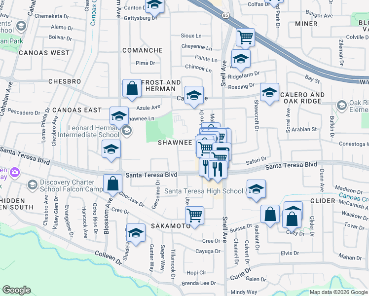 map of restaurants, bars, coffee shops, grocery stores, and more near 594 Tuscarora Drive in San Jose