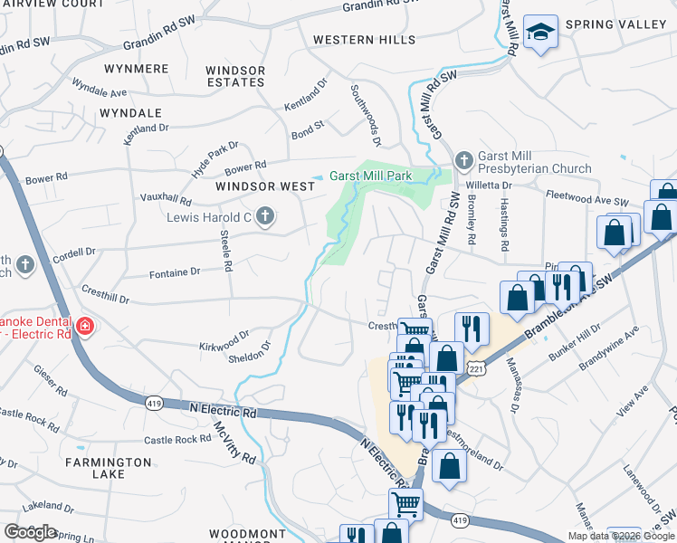 map of restaurants, bars, coffee shops, grocery stores, and more near 4346 Garstview Cir in Roanoke