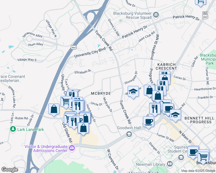 map of restaurants, bars, coffee shops, grocery stores, and more near 911 Buchanan Drive in Blacksburg