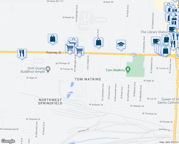 map of restaurants, bars, coffee shops, grocery stores, and more near 2252 North Clifton Avenue in Springfield