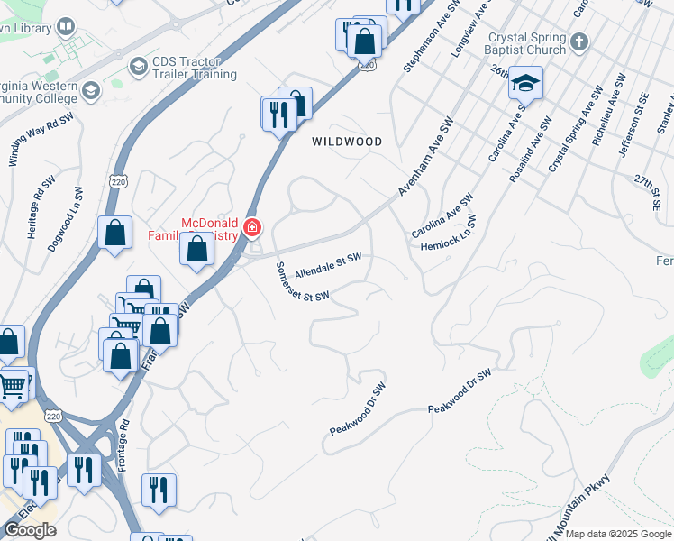 map of restaurants, bars, coffee shops, grocery stores, and more near 3240 Allendale Street Southwest in Roanoke