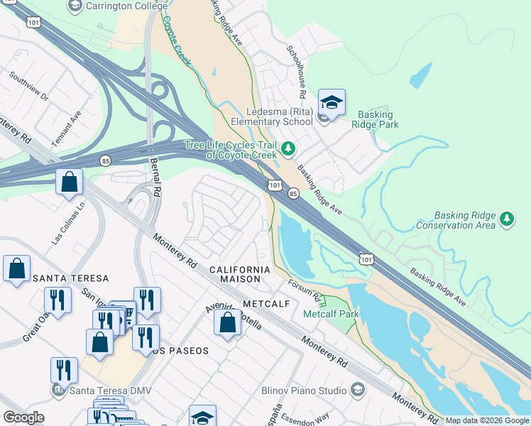 map of restaurants, bars, coffee shops, grocery stores, and more near 6901 Rodling Drive in San Jose