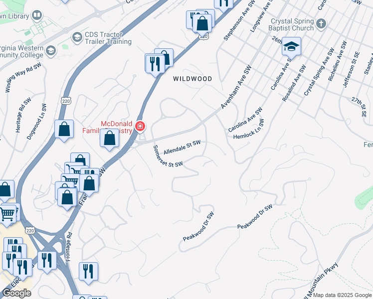 map of restaurants, bars, coffee shops, grocery stores, and more near 3240 Allendale Street Southwest in Roanoke