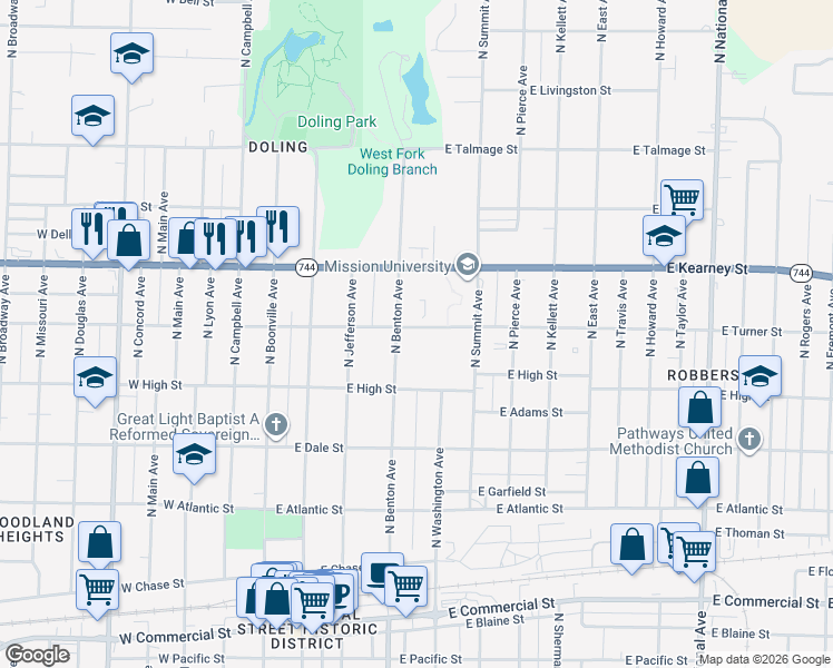 map of restaurants, bars, coffee shops, grocery stores, and more near 2302 North Benton Avenue in Springfield
