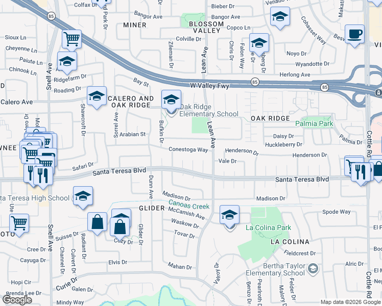 map of restaurants, bars, coffee shops, grocery stores, and more near 358 Conestoga Way in San Jose