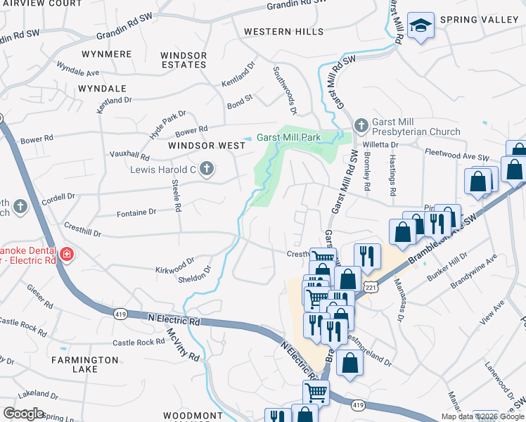 map of restaurants, bars, coffee shops, grocery stores, and more near 4346 Garstview Cir in Roanoke