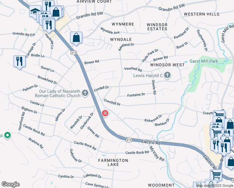 map of restaurants, bars, coffee shops, grocery stores, and more near 2629 Northcross Road in Cave Spring