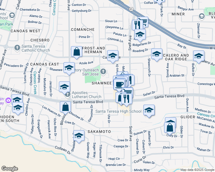 map of restaurants, bars, coffee shops, grocery stores, and more near 594 Tuscarora Drive in San Jose