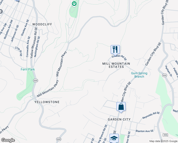 map of restaurants, bars, coffee shops, grocery stores, and more near 714 Estates Road Southeast in Roanoke