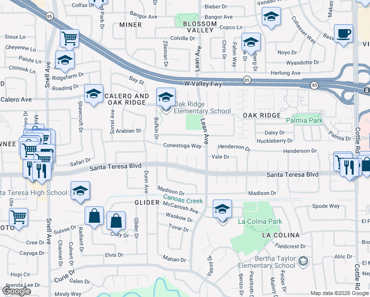 map of restaurants, bars, coffee shops, grocery stores, and more near 358 Conestoga Way in San Jose