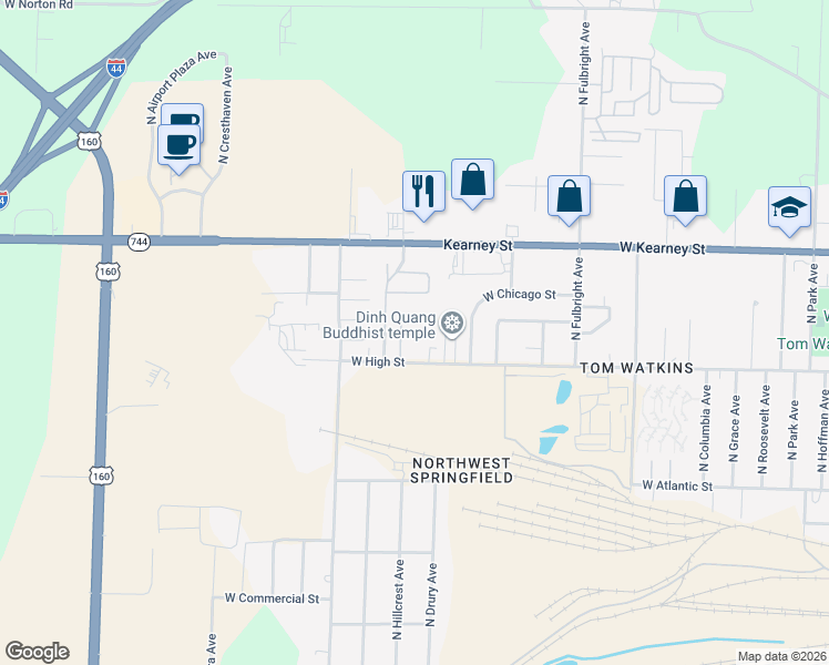 map of restaurants, bars, coffee shops, grocery stores, and more near 2945 West High Street in Springfield