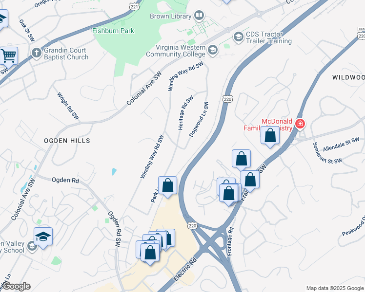 map of restaurants, bars, coffee shops, grocery stores, and more near 3745 Dogwood Lane Southwest in Roanoke
