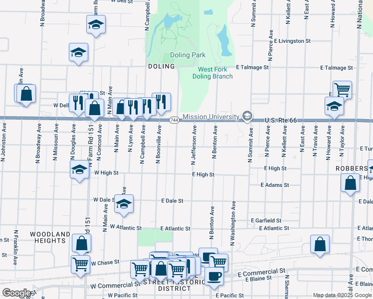 map of restaurants, bars, coffee shops, grocery stores, and more near 313 East Turner Street in Springfield