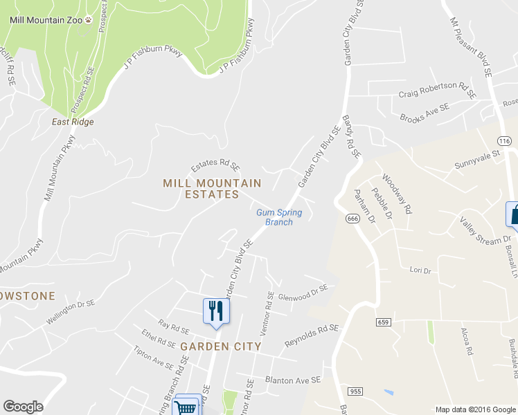 map of restaurants, bars, coffee shops, grocery stores, and more near 1207 Hartsook Blvd SE in Roanoke