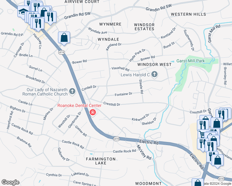 map of restaurants, bars, coffee shops, grocery stores, and more near 4531 Fontaine Drive in Cave Spring