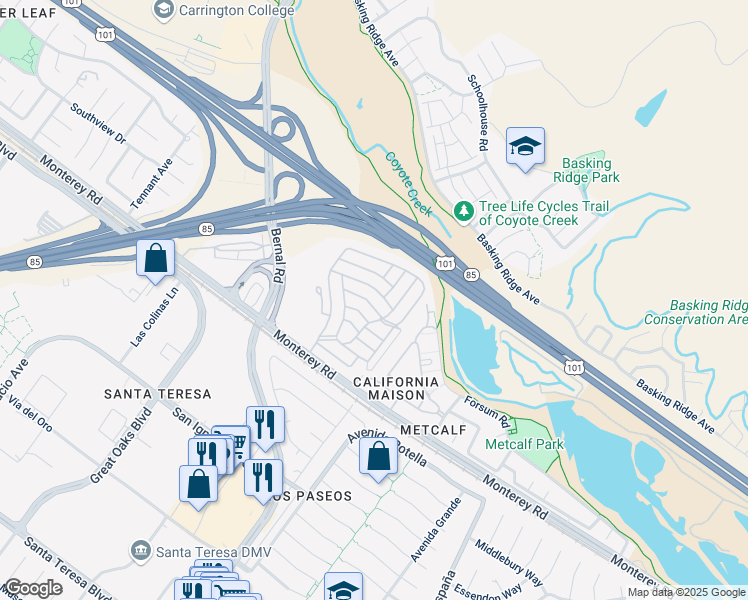 map of restaurants, bars, coffee shops, grocery stores, and more near 165 Mimosa Way in San Jose