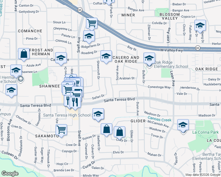 map of restaurants, bars, coffee shops, grocery stores, and more near 6054 Pineland Avenue in San Jose