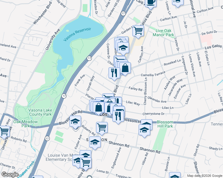 map of restaurants, bars, coffee shops, grocery stores, and more near 15827 Los Gatos Boulevard in Los Gatos