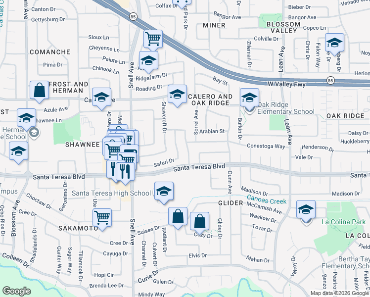 map of restaurants, bars, coffee shops, grocery stores, and more near 6054 Pineland Avenue in San Jose