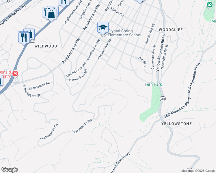 map of restaurants, bars, coffee shops, grocery stores, and more near 202-234 Parkcrest Road Southwest in Roanoke