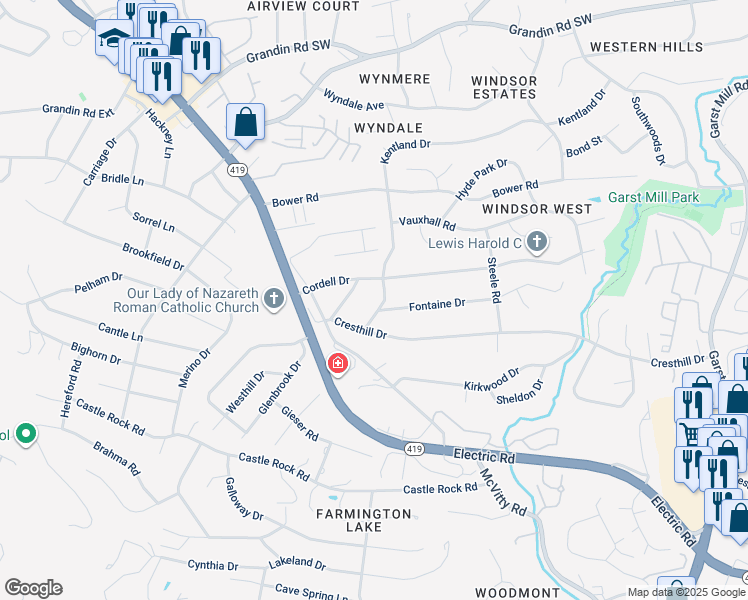 map of restaurants, bars, coffee shops, grocery stores, and more near 2629 Northcross Road in Cave Spring
