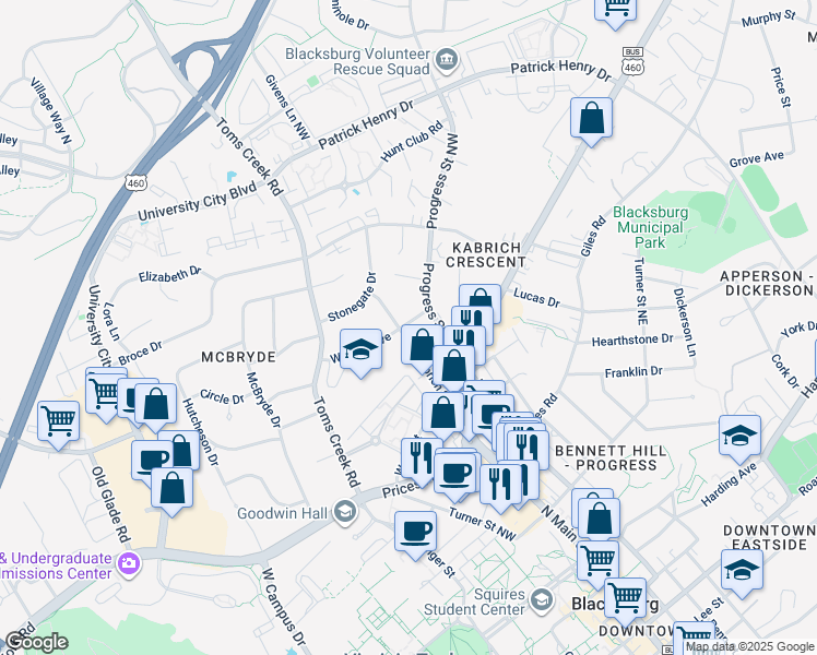 map of restaurants, bars, coffee shops, grocery stores, and more near 1011 Progress Street Northwest in Blacksburg