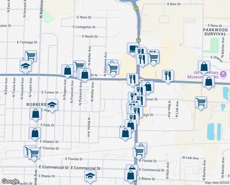map of restaurants, bars, coffee shops, grocery stores, and more near 2706 North Ave B in Springfield
