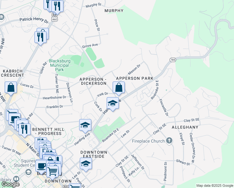 map of restaurants, bars, coffee shops, grocery stores, and more near 304 Patrick Henry Drive in Blacksburg