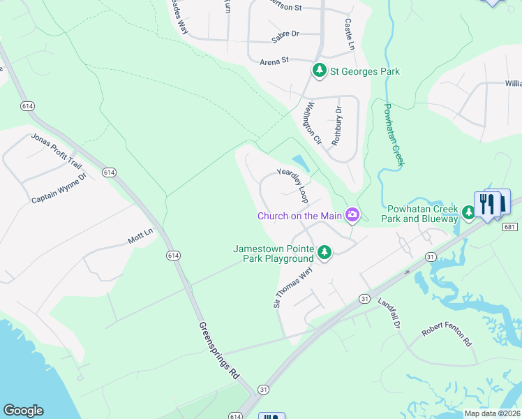 map of restaurants, bars, coffee shops, grocery stores, and more near 4675-4679 Yeardley Loop in Williamsburg