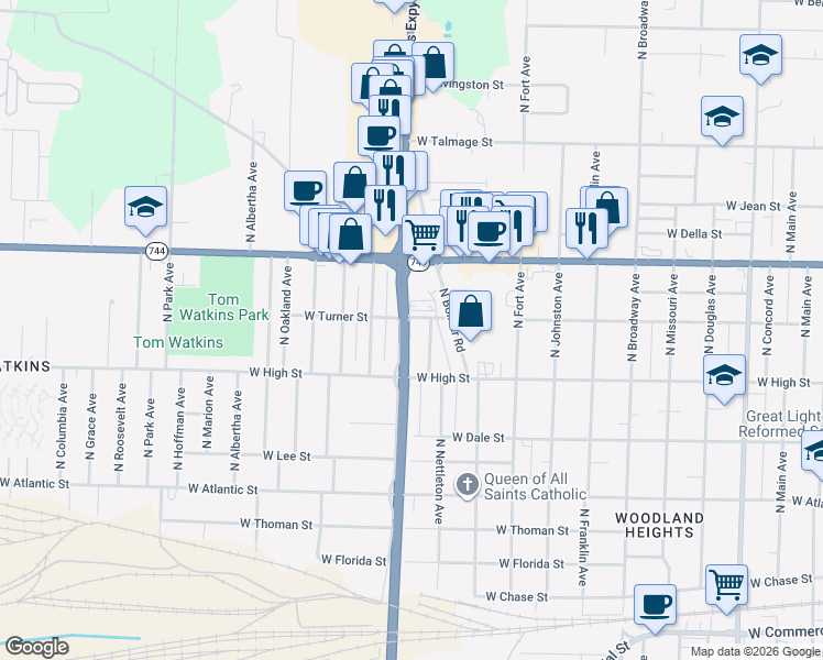 map of restaurants, bars, coffee shops, grocery stores, and more near 2259 North Nettleton Avenue in Springfield