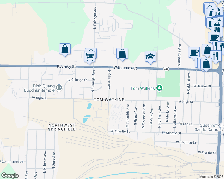 map of restaurants, bars, coffee shops, grocery stores, and more near 2244 North Clifton Avenue in Springfield